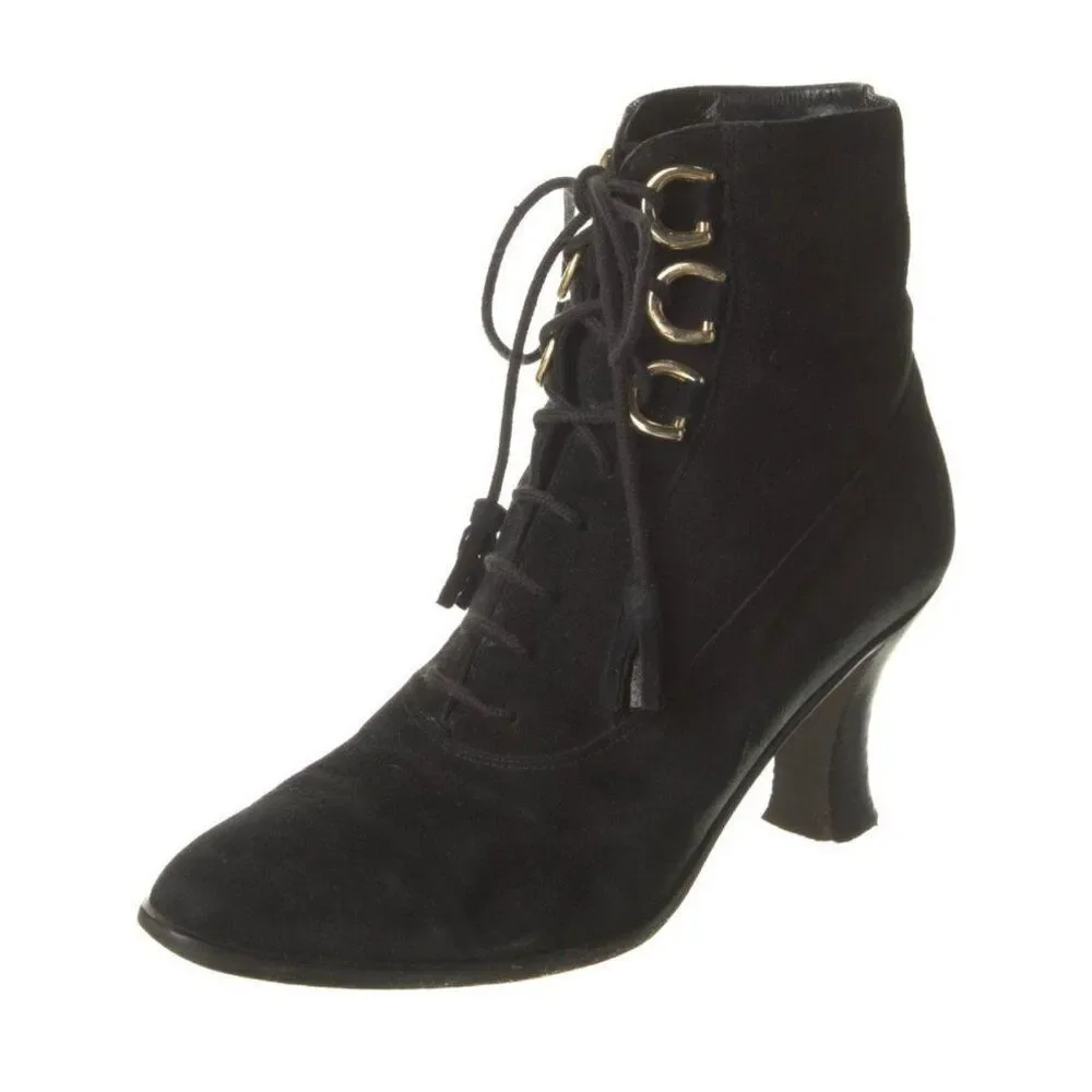 Gucci Authentic Solid Black Genuine Suede Leather Heel Ankle Boots Booties 5